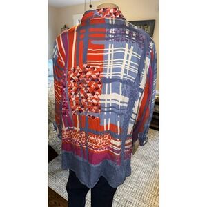 Multiples Womens XL Mixed Print Button Front Blouse Blue Red Geometric Rayon Top